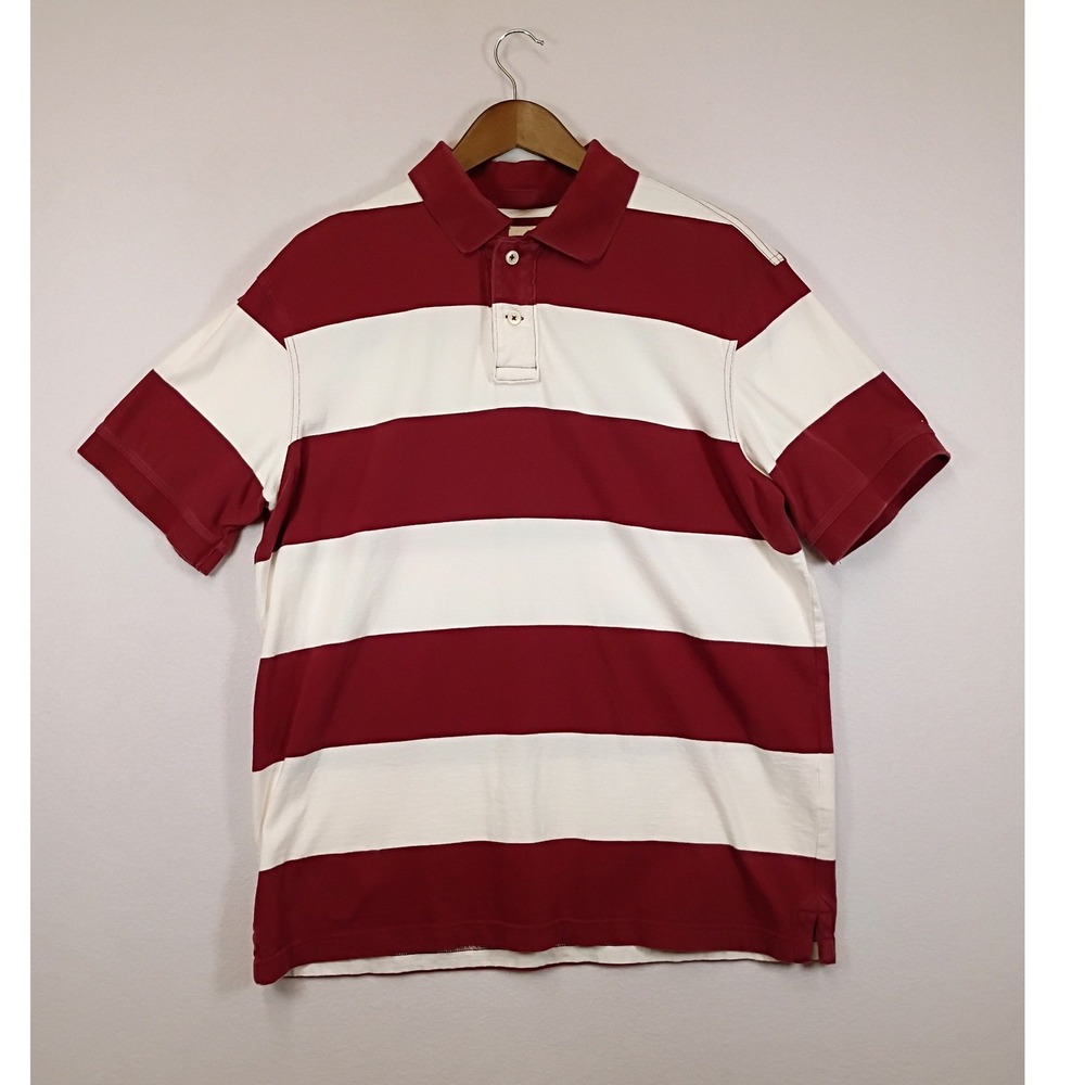 Classic Preppy Eddie Bauer Mens Large Burgundy White Striped Cotton Polo Shirt